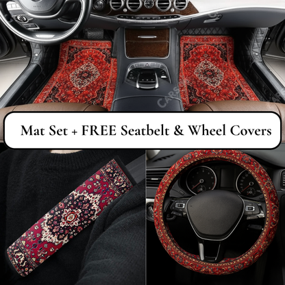 Saffron Red Mat Set + Free Seatbelt & Wheel Covers